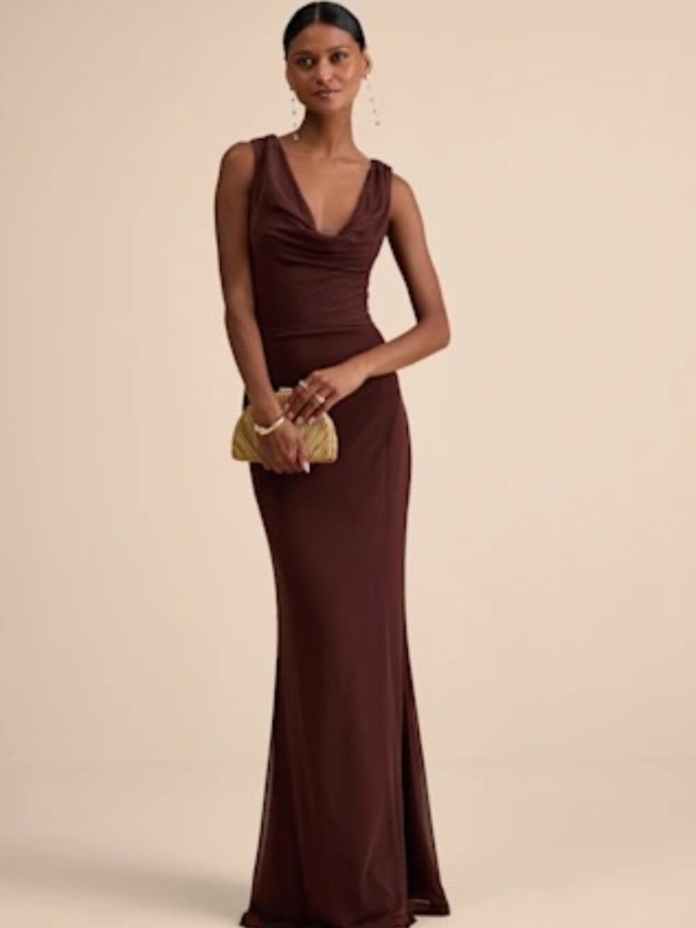 Lulus Stunning Mystery Brown Mesh Cowl Back Mermaid Maxi Dress